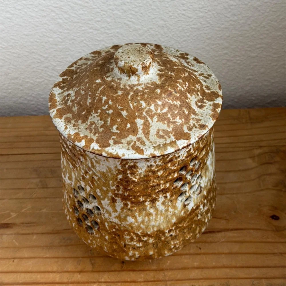 Wabi Sabi Garlic Keeper Lidded Stoneware‎ Jar Signed Studio Pottery Handmade